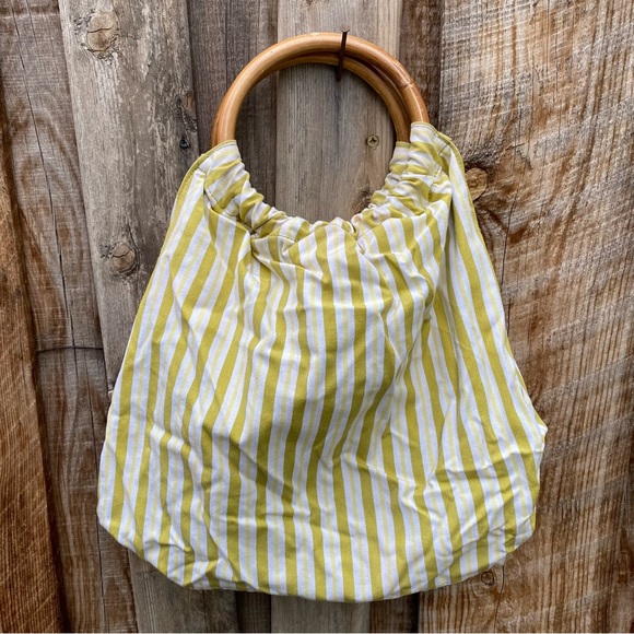 Green and orange floral canvas purse with circular bamboo handle, reversible! - Picture 11 of 14